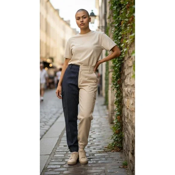 Choosy Two-Tone Womens Pants Khaki & Black Pinstripe Cargo - Picture 1 of 10